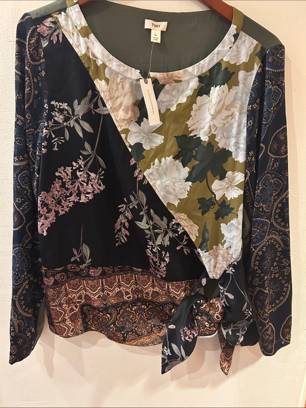 Anthropologie Floral Patchwork Wrap Blouse - Olive & Black